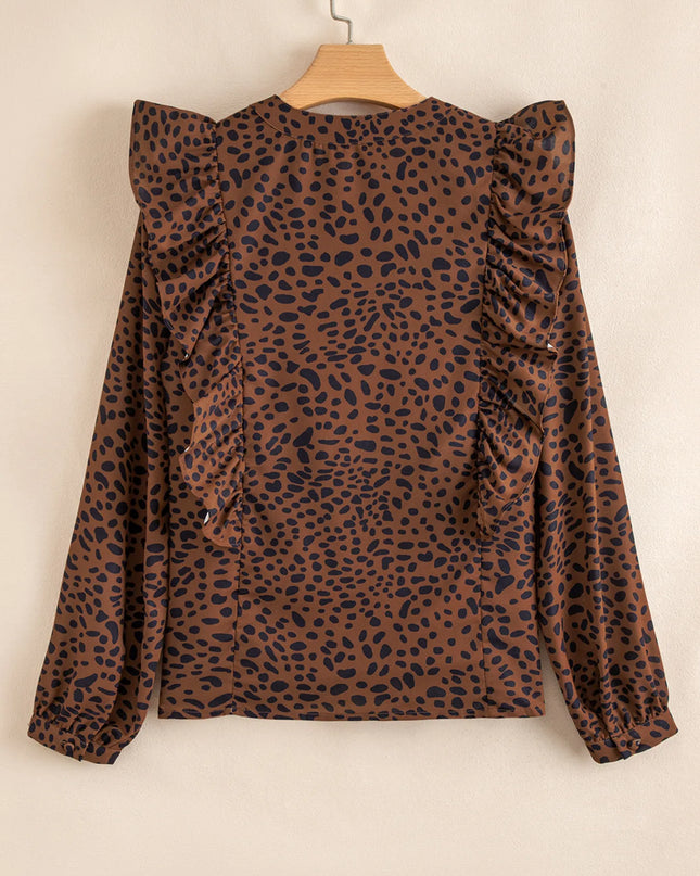Leopard Print Ruffled Puff Sleeve Blouse