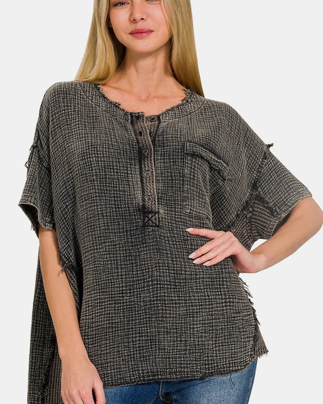 Zenana Washed Texture Half Button T-Shirt Ash Black