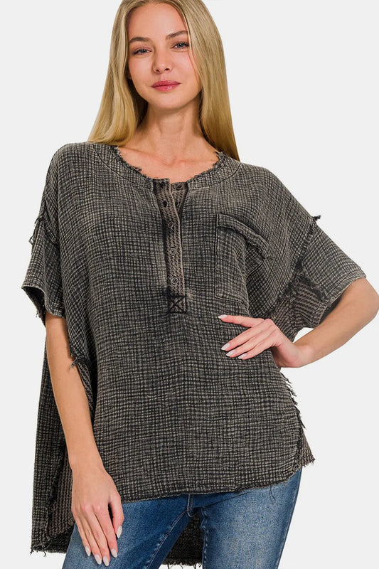 Zenana Washed Texture Half Button T-Shirt Ash Black