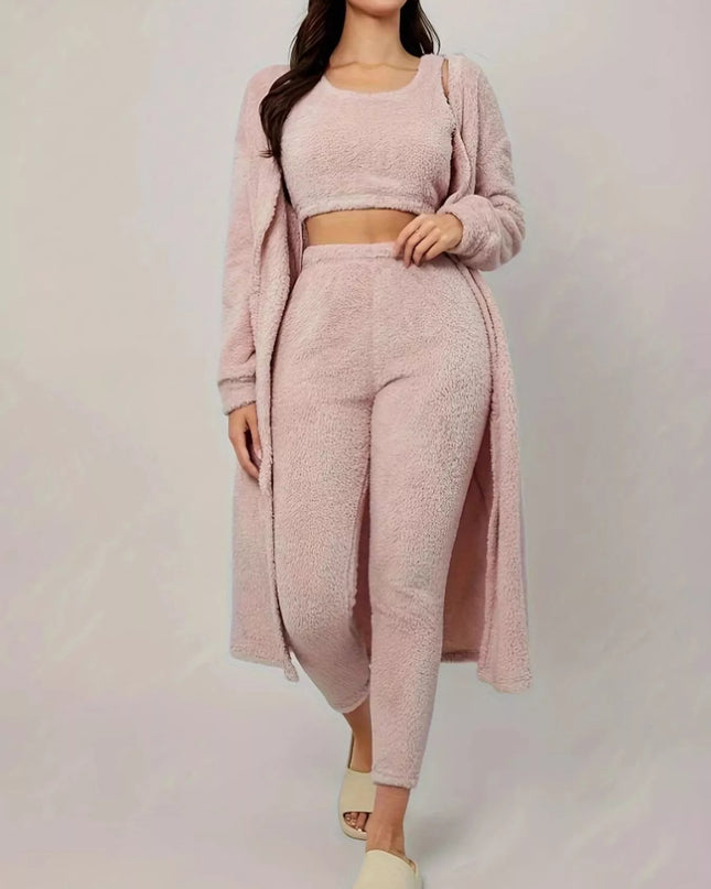 Fuzzy Tank Long Sleeve Cardigan and Pants 3-Piece Lounge Set Pink