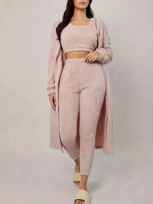 Fuzzy Tank Long Sleeve Cardigan and Pants 3-Piece Lounge Set Pink