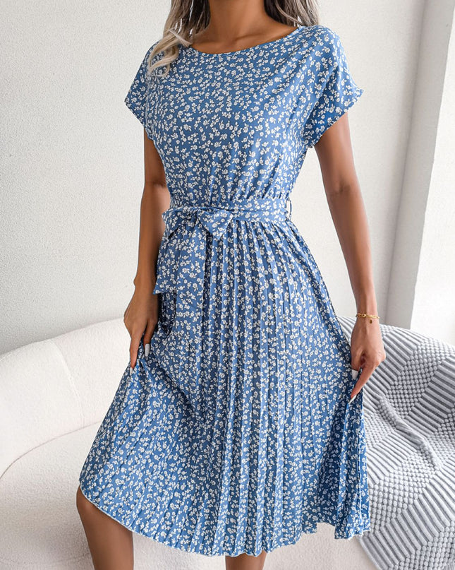 Ditsy Floral Pleated Belted Dress