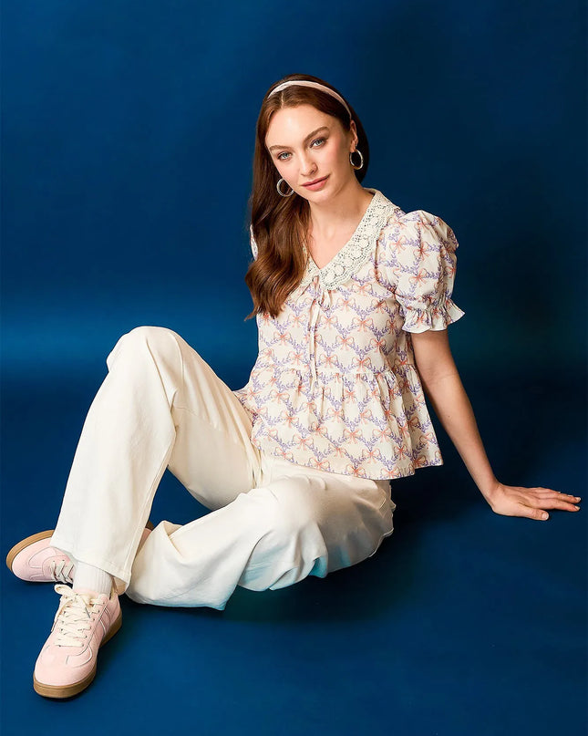Umgee Lace Detail Bow Print Flounce Sleeve Blouse