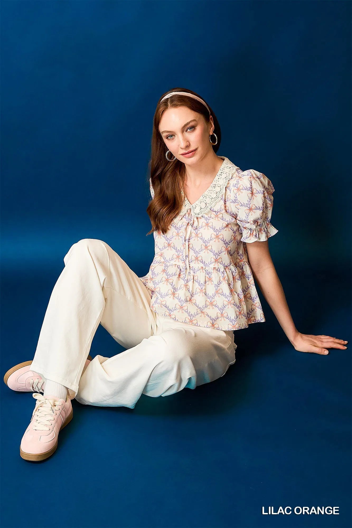 Umgee Lace Detail Bow Print Flounce Sleeve Blouse