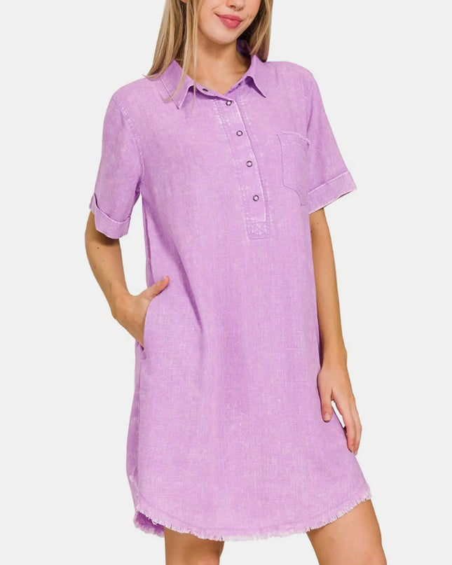 Zenana Washed Linen Raw Hem Dress with Pockets BLAVENDER