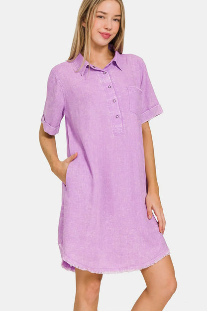 Zenana Washed Linen Raw Hem Dress with Pockets BLAVENDER