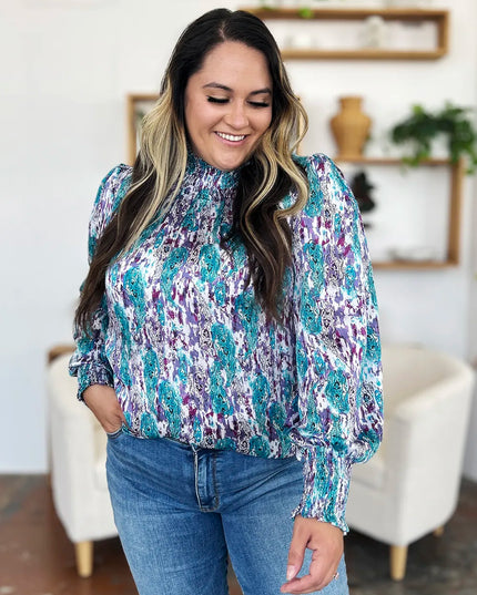 Double Take Full Size Printed Smocked Long Sleeve Blouse