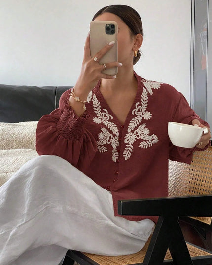 Embroidered Lantern Sleeve Blouse