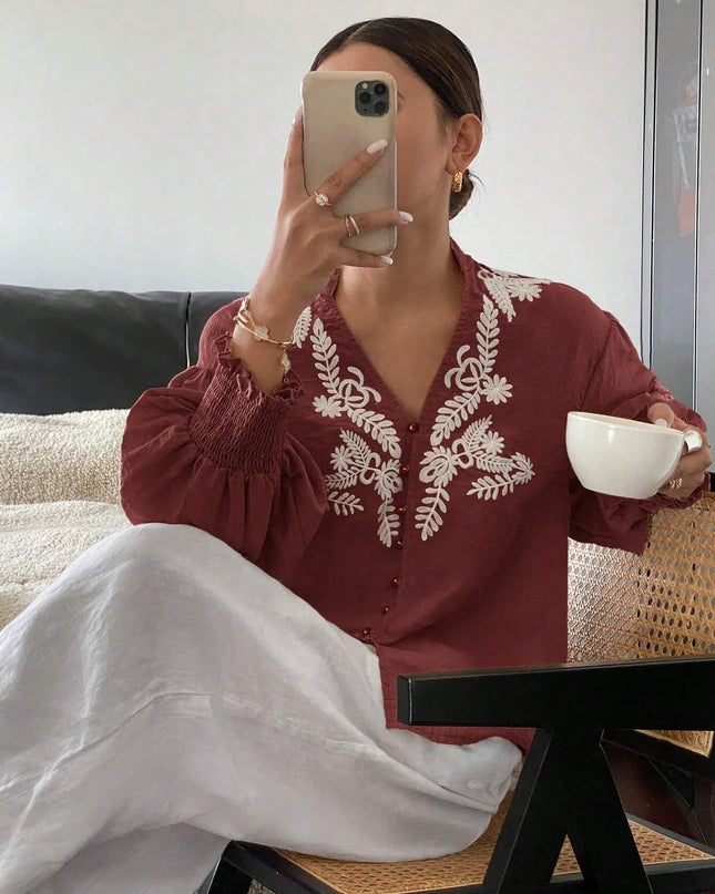 Embroidered Lantern Sleeve Blouse