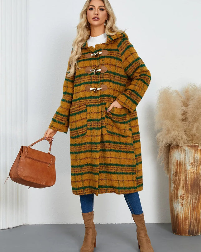 Plaid Long Sleeve Hooded Coat with Pockets