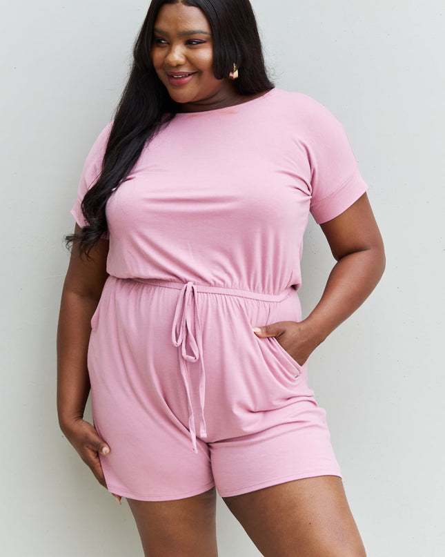 Zenana Chilled Out Full Size Short Sleeve Romper in Light Carnation Pink