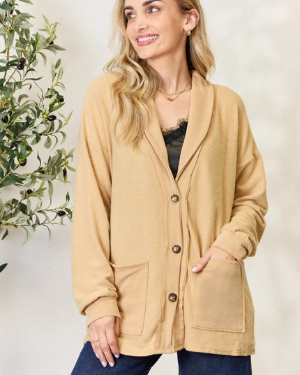 Heimish Full Size Button Up Long Sleeve Cardigan Gold