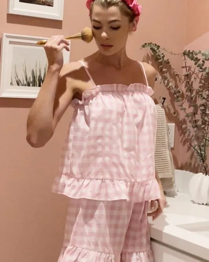 Lime 'N' Chili Gingham Ruffle Trim Cami and Shorts Pajama Set PINK