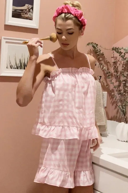 Lime 'N' Chili Gingham Ruffle Trim Cami and Shorts Pajama Set PINK