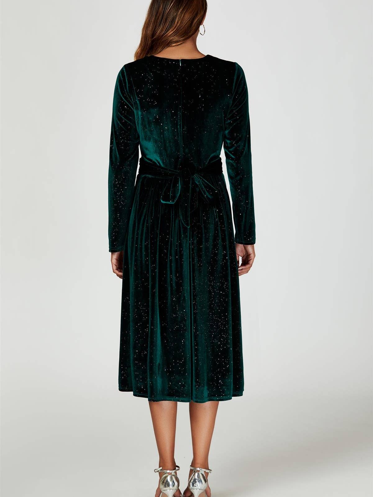 Silver Sparkly Velvet Wrap Top Midi Dress in Green