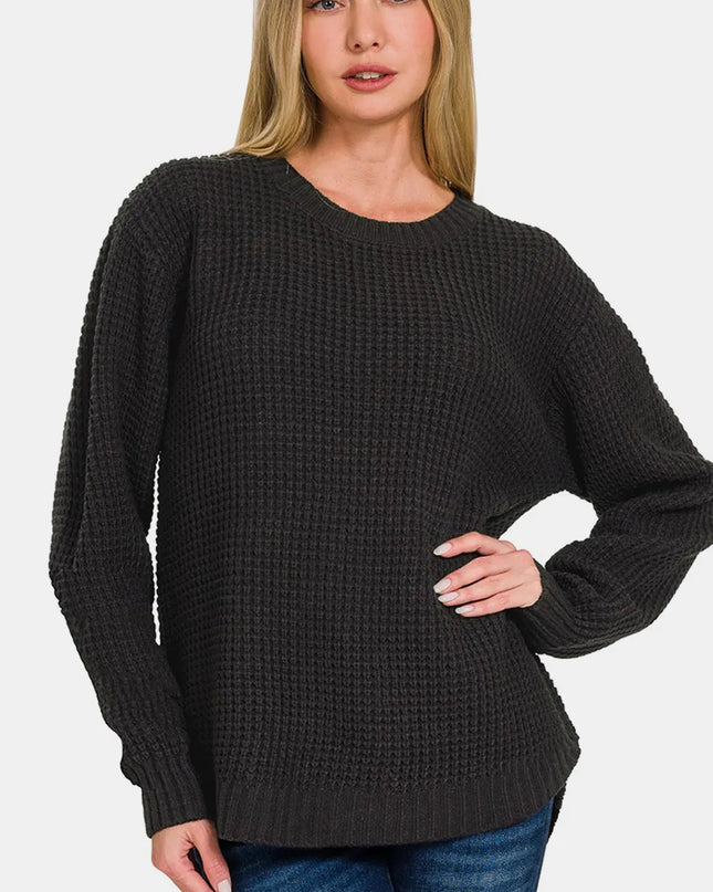 Zenana High Low Long Sleeve Waffle Sweater Black