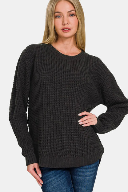 Zenana High Low Long Sleeve Waffle Sweater Black