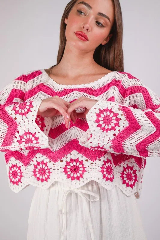 VERY J Chevron/Floral Pattern Crochet Knit Top