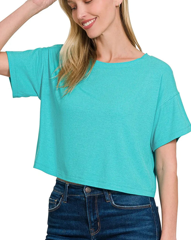 Zenana Ribbed Round-Neck Crop T-Shirt TURQUOISE