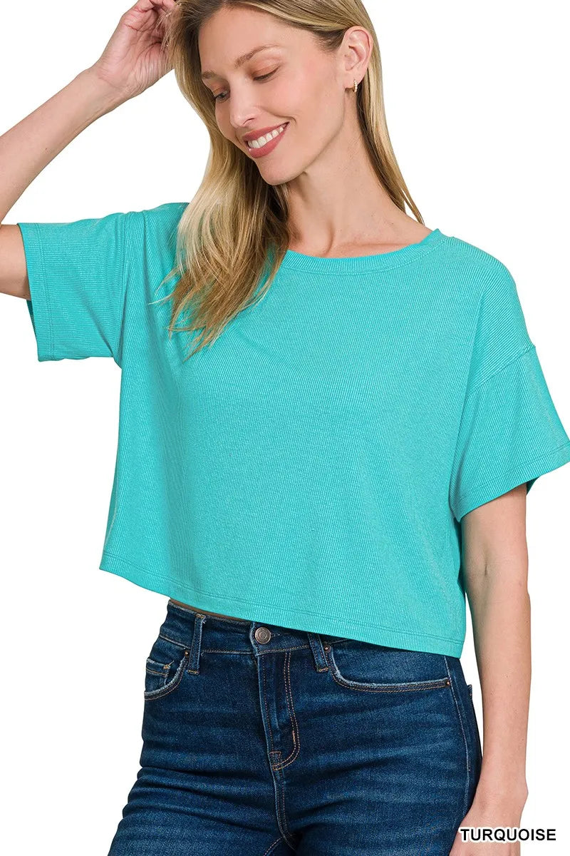 Zenana Ribbed Round-Neck Crop T-Shirt TURQUOISE