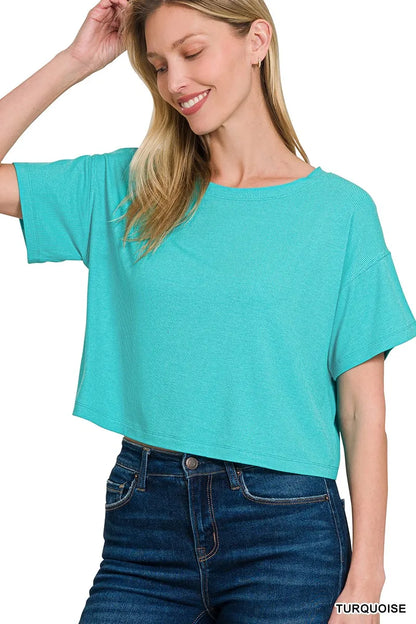Zenana Ribbed Round-Neck Crop T-Shirt TURQUOISE