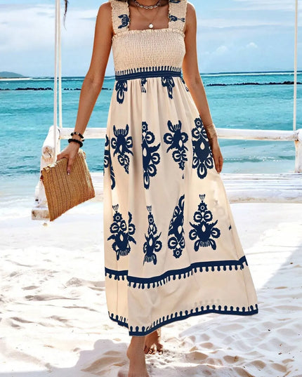 Smocked Printed Wide Strap Maxi Dress 