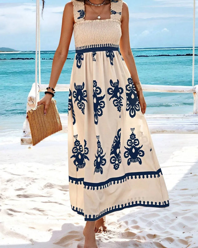 Smocked Printed Wide Strap Maxi Dress 