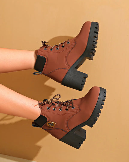 Lace Up Block Heel Boots Burgundy
