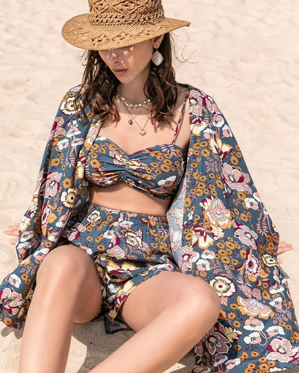 Printed Bra, Cover-Up and Shorts Set