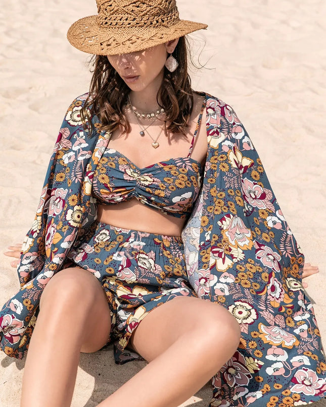 Printed Bra, Cover-Up and Shorts Set