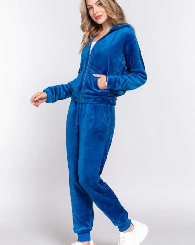 ACTIVE BASIC Faux Fur Zip Up Long Sleeve Hoodie and Joggers Set