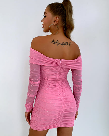 Glitter Ruched Off-Shoulder Long Sleeve Bodycon Dress 