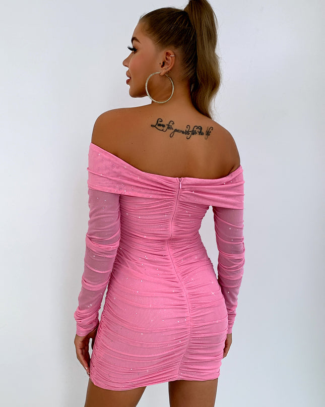 Glitter Ruched Off-Shoulder Long Sleeve Bodycon Dress 