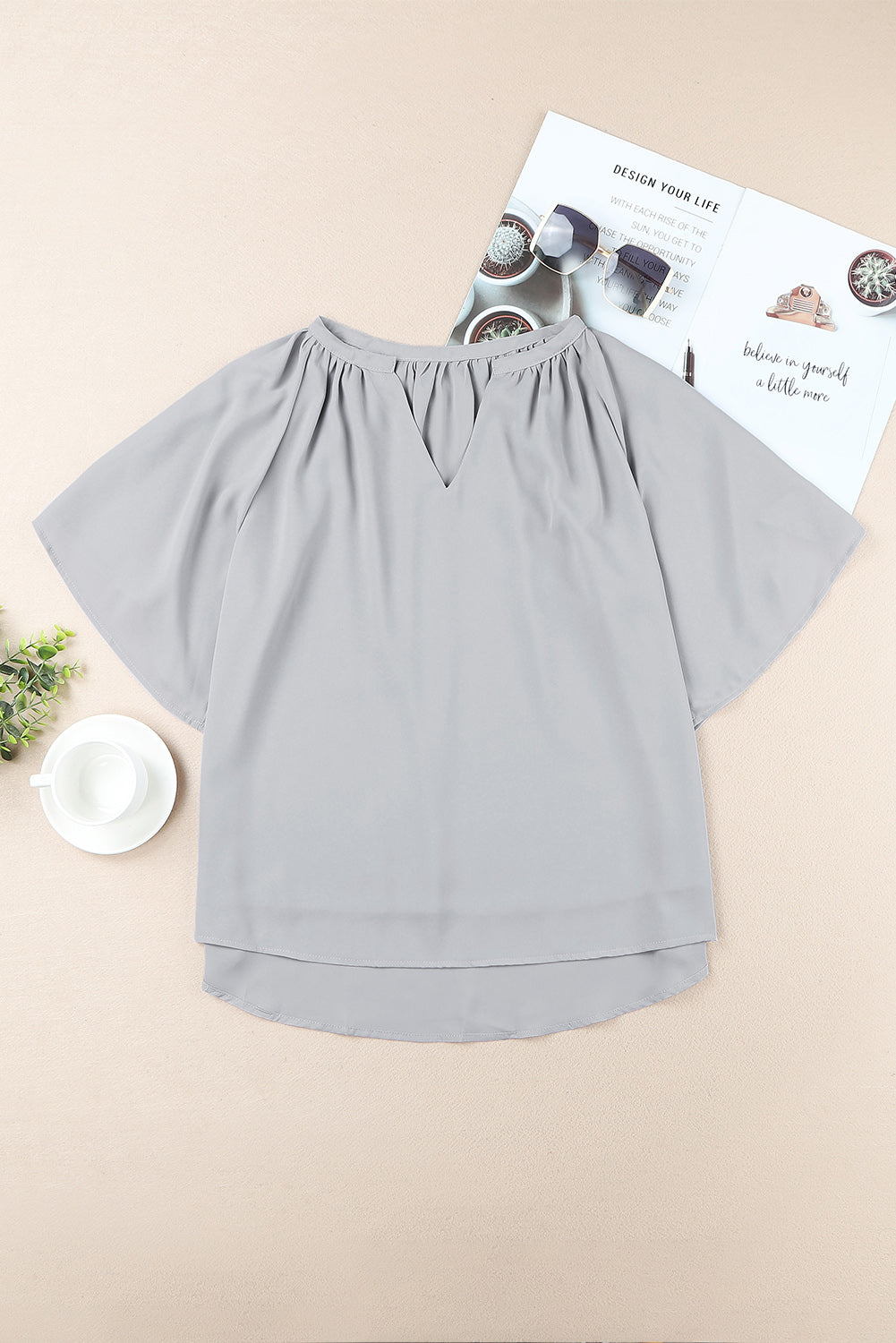 Gathered Detail Notched Neck Flutter Sleeve Top Gray