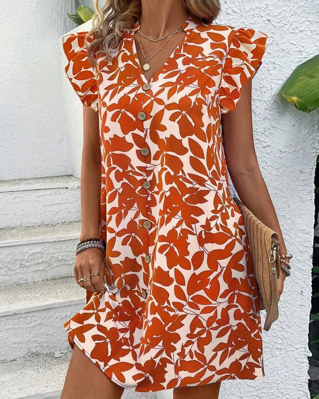 Printed Notched Cap Sleeve Mini Dress