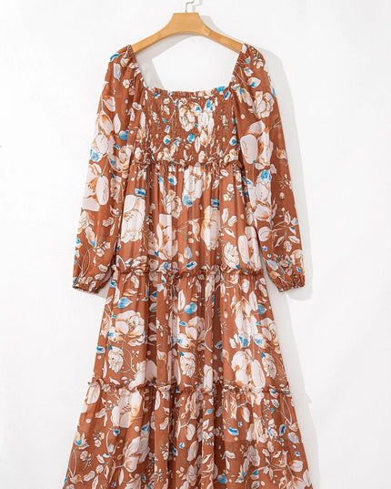 Smocked Printed Long Sleeve Tiered Dress