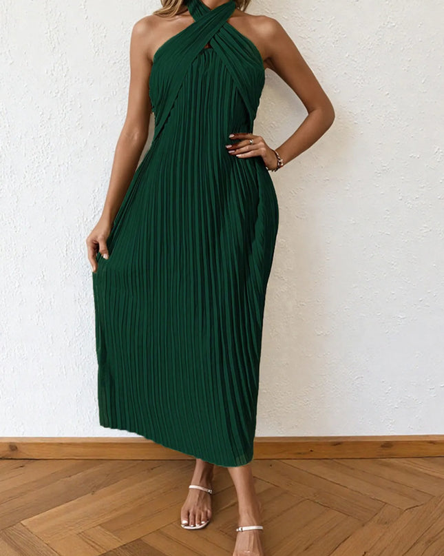 Pleated Halter Neck Midi Dress