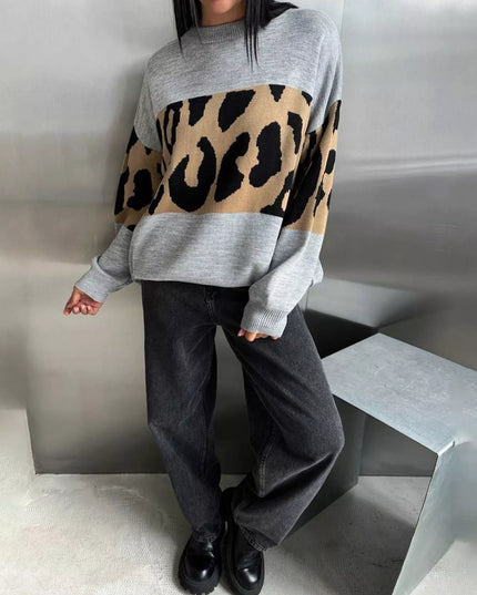 Leopard Color Block Round Neck Sweater