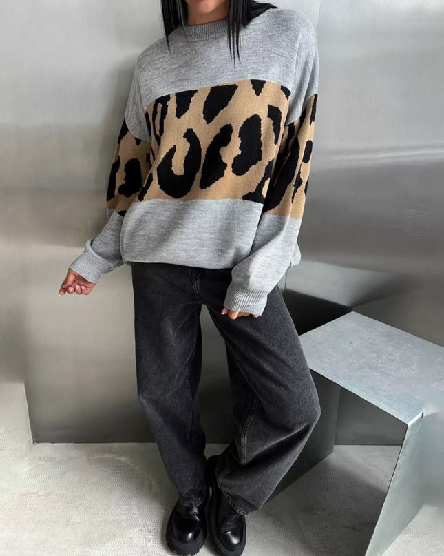 Leopard Color Block Round Neck Sweater