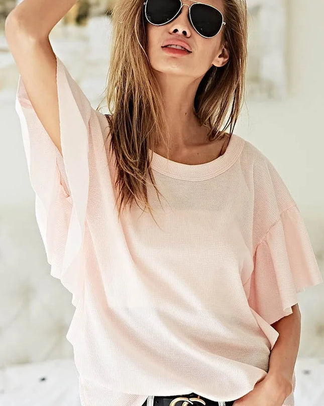 BiBi Thermal Knit with Ruffled Sleeve Top