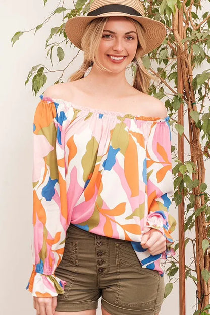 Lime 'N' Chili Abstract Print Off-the-shoulder Long Sleeve Top