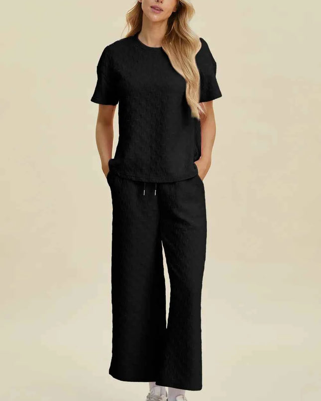 Double Take Full Size Texture Round Neck Short Sleeve Top and Pants Set