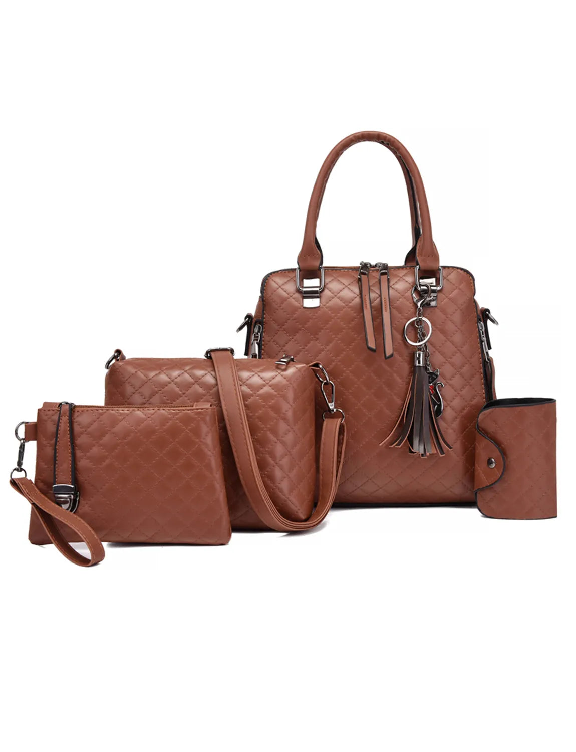 4-Piece PU Leather Bag Set with Tassel Detail Brown onesize
