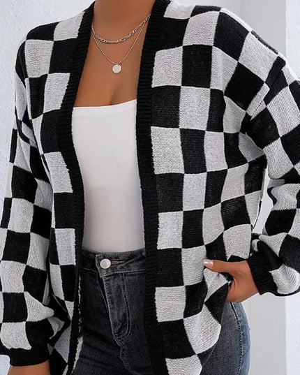 Checkerboard Pattern Open Front Knit Cardigan