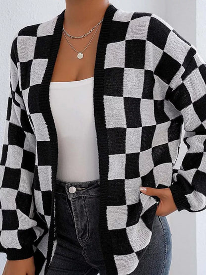 Checkerboard Pattern Open Front Knit Cardigan