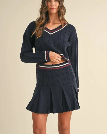 MABLE Cable-Knit Top and Pleated Skirt Sweater Set Dark Navy