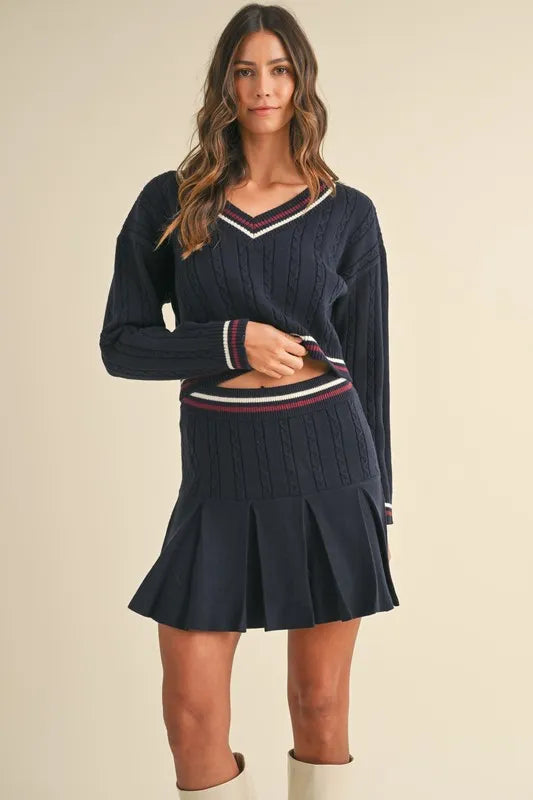 MABLE Cable-Knit Top and Pleated Skirt Sweater Set Dark Navy