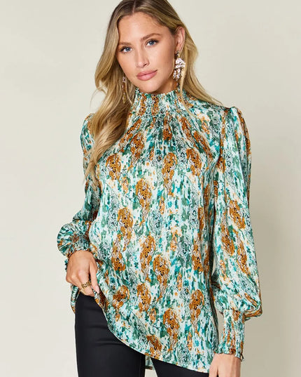Double Take Full Size Printed Smocked Long Sleeve Blouse Green