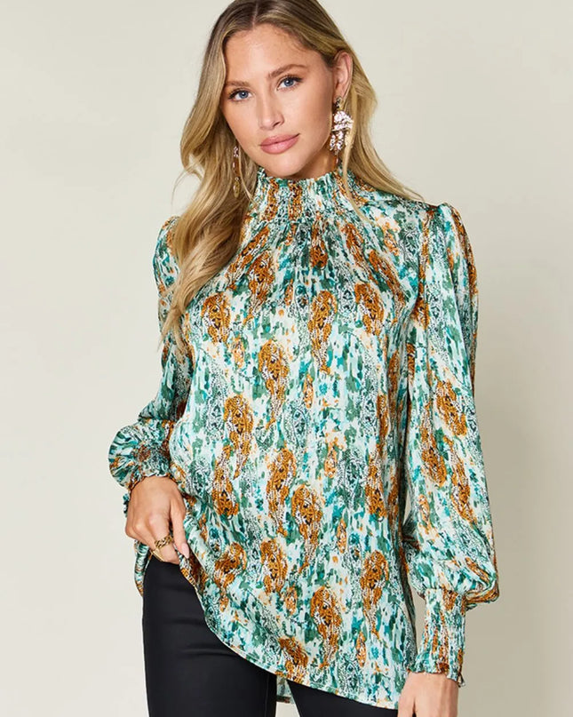 Double Take Full Size Printed Smocked Long Sleeve Blouse Green