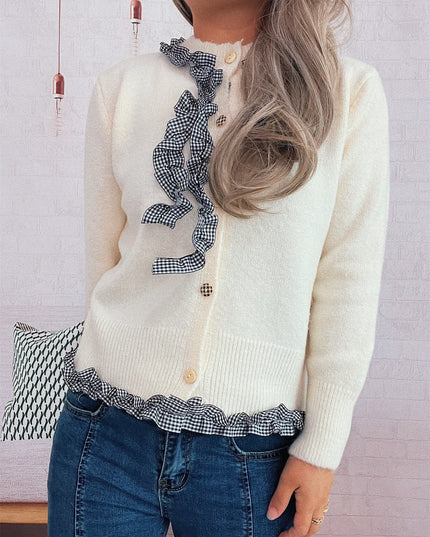 Ruffle Trim Gingham Cardigan